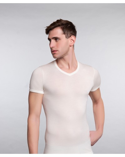T-Shirt mit V-Ausschnitt und halben Ärmeln aus Seide und Wolle