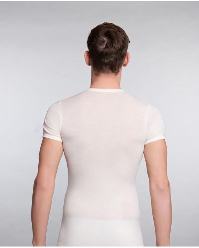 T-shirt à col en V à demi-manches en soie et laine