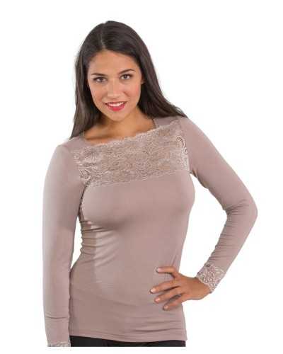 Tricot micro-modal à manches longues pour femmes avec empiècements en dentelle extensible