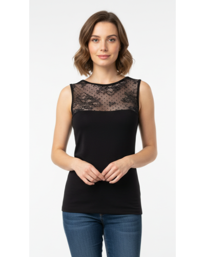 Canotta Donna Spalla Larga Tulle Fiore e Pois