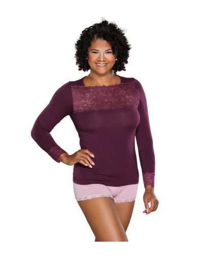 Tricot micro-modal à manches longues pour femmes avec empiècements en dentelle extensible