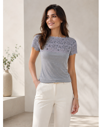 Tricot micro-modal à demi-manches pour femmes avec encolure en dentelle extensible