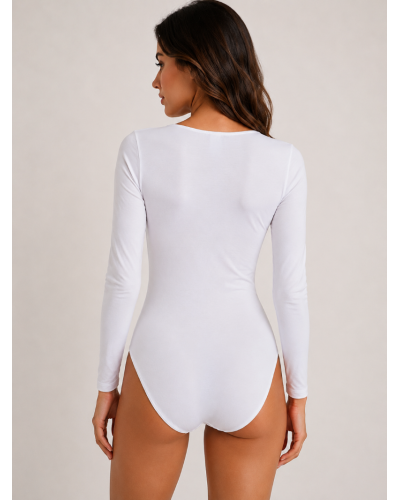 Women’s long-sleeved bodysuit in stretch modal cotton – Wide neckline, soft and close-fitting
