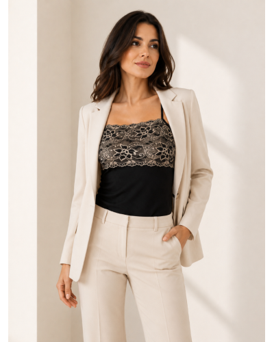 Damen-Top mit schmalen Trägern aus elastischer Modal-Baumwolle mit zweifarbiger Textronic-Spitze – Schwarz