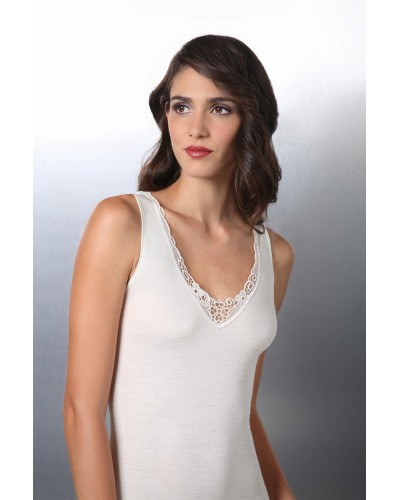 Top Donna Spalla Larga Lana Seta Macramè