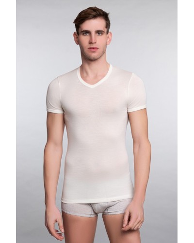 Half-sleeve T-shirt V-neck Wool Cotton